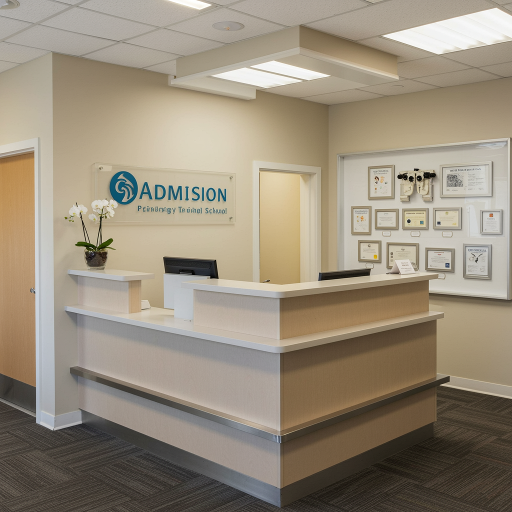 Modern admissions office at an ophthalmology tech training school with a welcoming reception desk, natural lighting, soft gray and beige tones, and subtle ophthalmic decor.