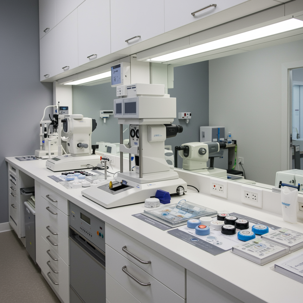 Modern ophthalmology tech training school contact lens lab with clean fitting station, organized contact lens cases, and bright, professional space