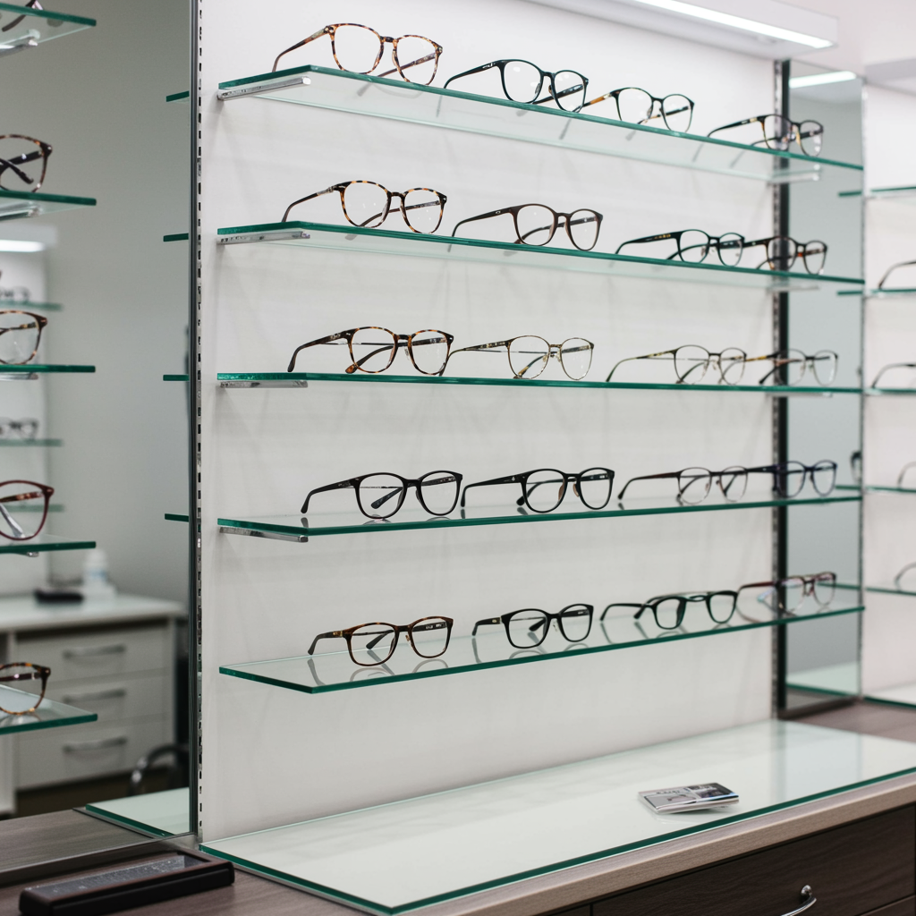 modern optical dispensing area with organized eyeglass frame display and clean countertops in an ophthalmology tech training school