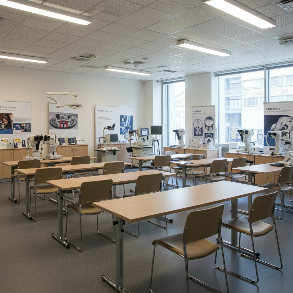Modern ophthalmology tech training event space with stylish seating, educational displays, and clean contemporary decor, ready for professional gatherings.