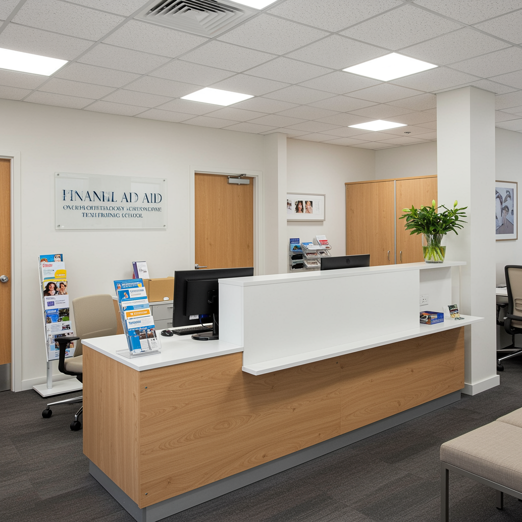 Modern financial aid office at an ophthalmology tech training school with contemporary reception desk, organized workstations, and inviting decor in warm neutral tones.