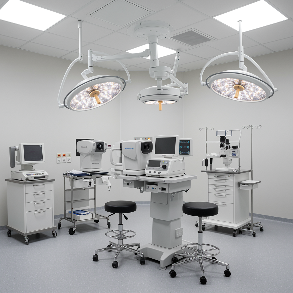 Spotless ophthalmic operating room with advanced surgical equipment and bright overhead lights, showcasing a professional training environment for ophthalmology tech students.