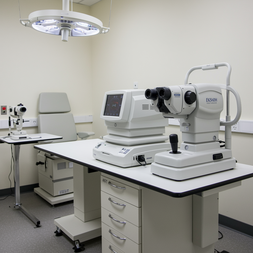 Modern ophthalmic imaging training room with advanced retinal imaging equipment in a clean, organized ophthalmology tech school setting, emphasizing a professional learning environment without people or branding.