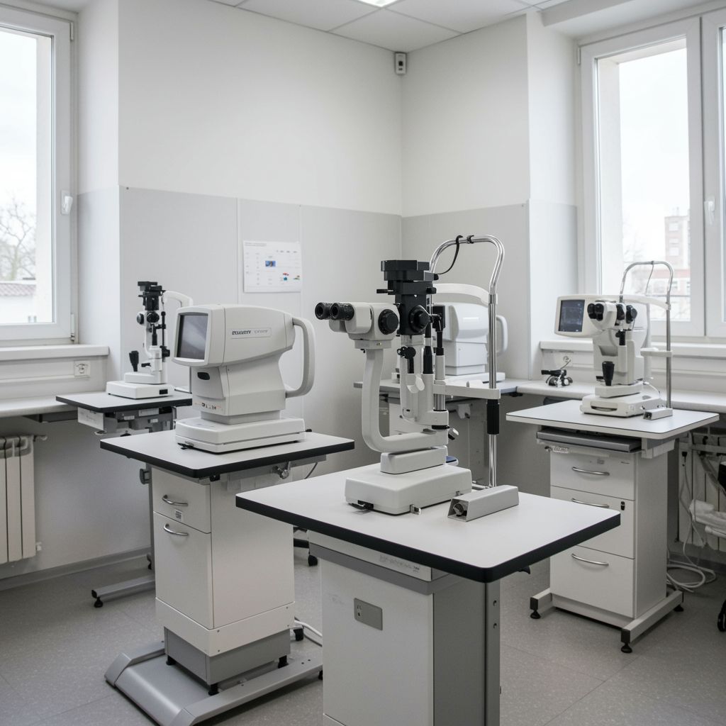 modern ophthalmic technician training lab featuring advanced eye exam equipment in a bright, well-organized space with soft white and gray tones
