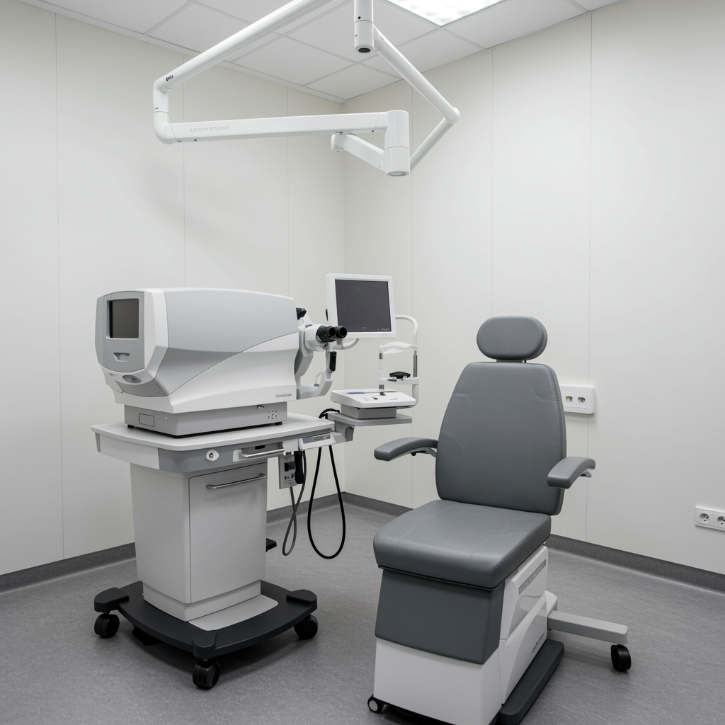 Pristine ophthalmic laser training room showcasing advanced laser equipment and a modern exam chair in a clean, well-lit medical setting.