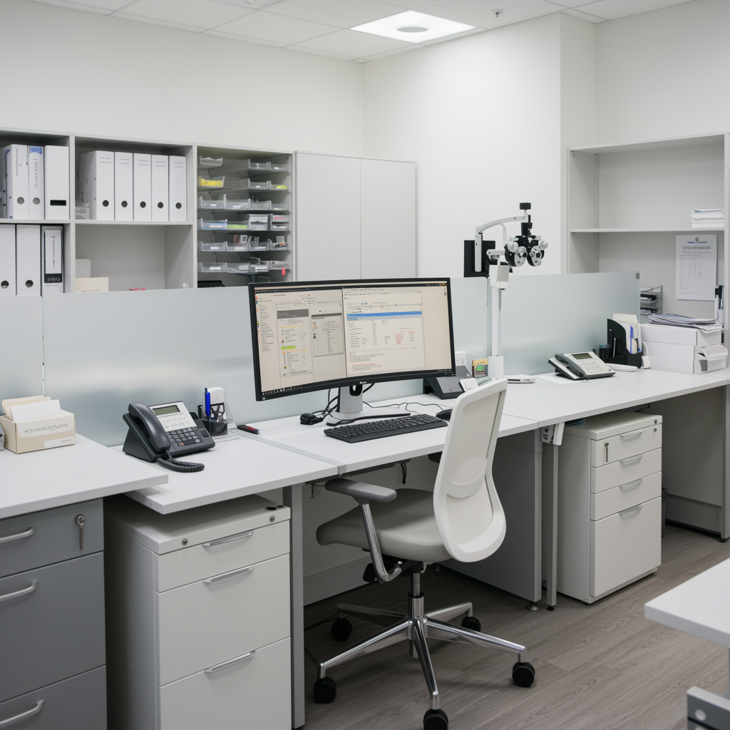 Contemporary ophthalmology practice management office with tidy workstations, organized shelving, and natural light, demonstrating a clean and professional clinical environment.