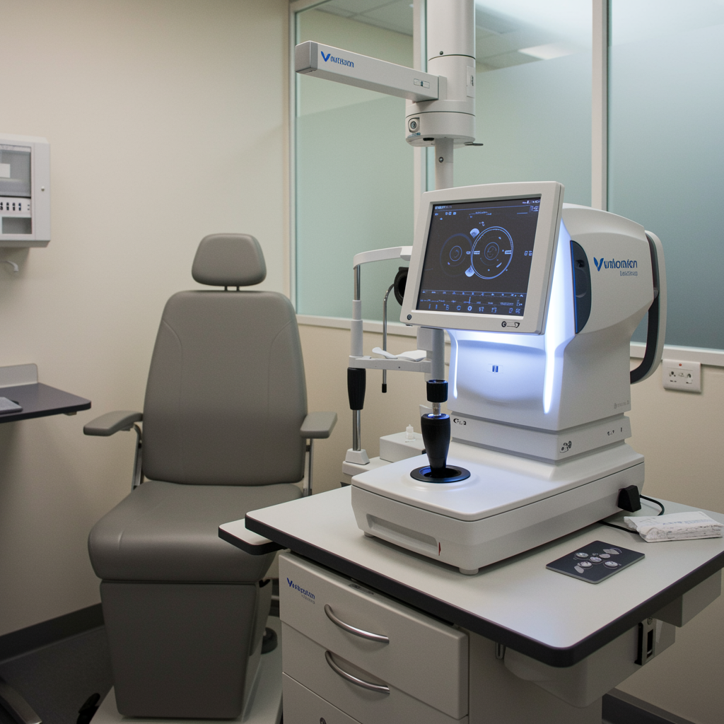 Modern ophthalmic exam room with visual field testing equipment and patient chair, showcasing pristine facilities for ophthalmic technician training